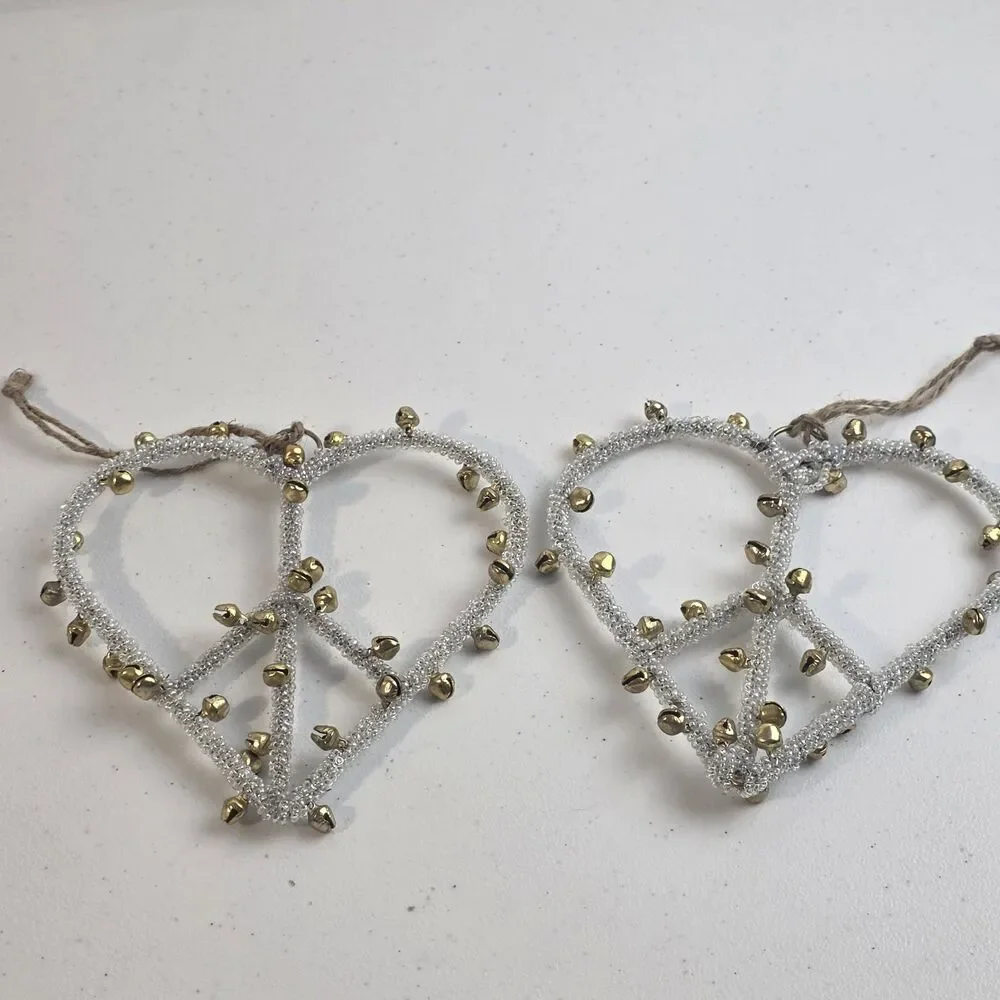 Pottery Barn Jingle Bell Heart Peace Sign Christmas Ornament Set Of 2 EUC Xmas